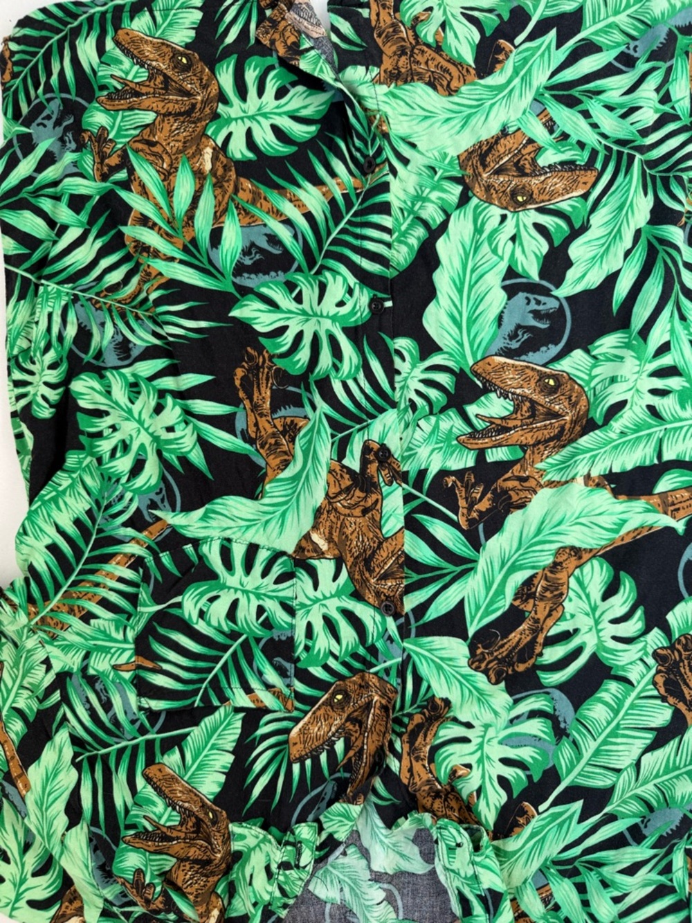 Jurassic Park Hawaiian Button Down Shirt Men's XL Green Brown Velociraptor - Picture 4 of 6